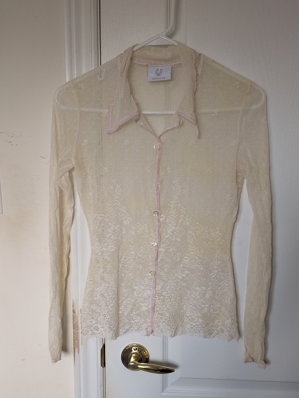 Sheer Lace Button-Front Top in Cream.